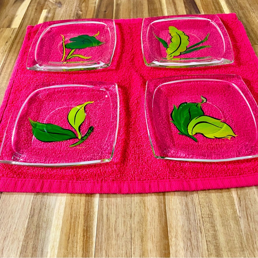 Hazel Atlas 4 Gay Fad Green Plants 5.5” Square Saucer Dessert Plates USA Rare